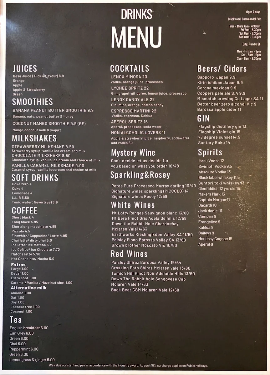 Menu, Lenox Avenue Rundle Street
