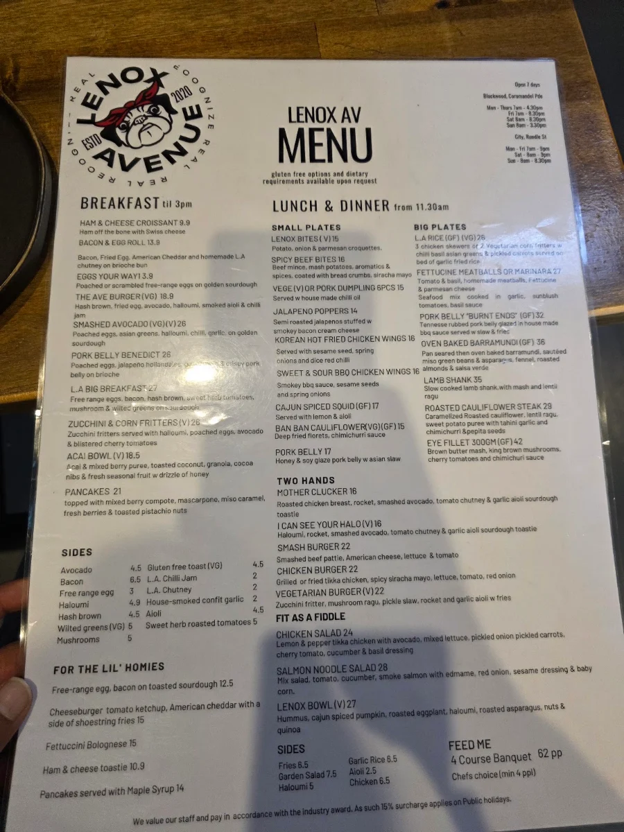 Menu, Lenox Avenue Rundle Street