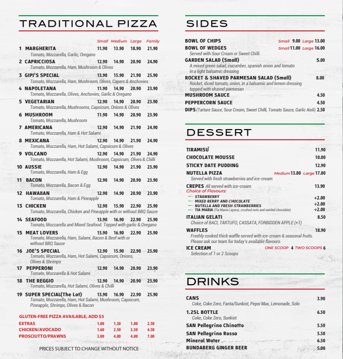 Menu, Gipi's Pizza House Preston