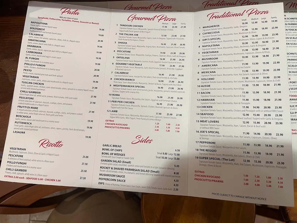Menu, Gipi's Pizza House Preston