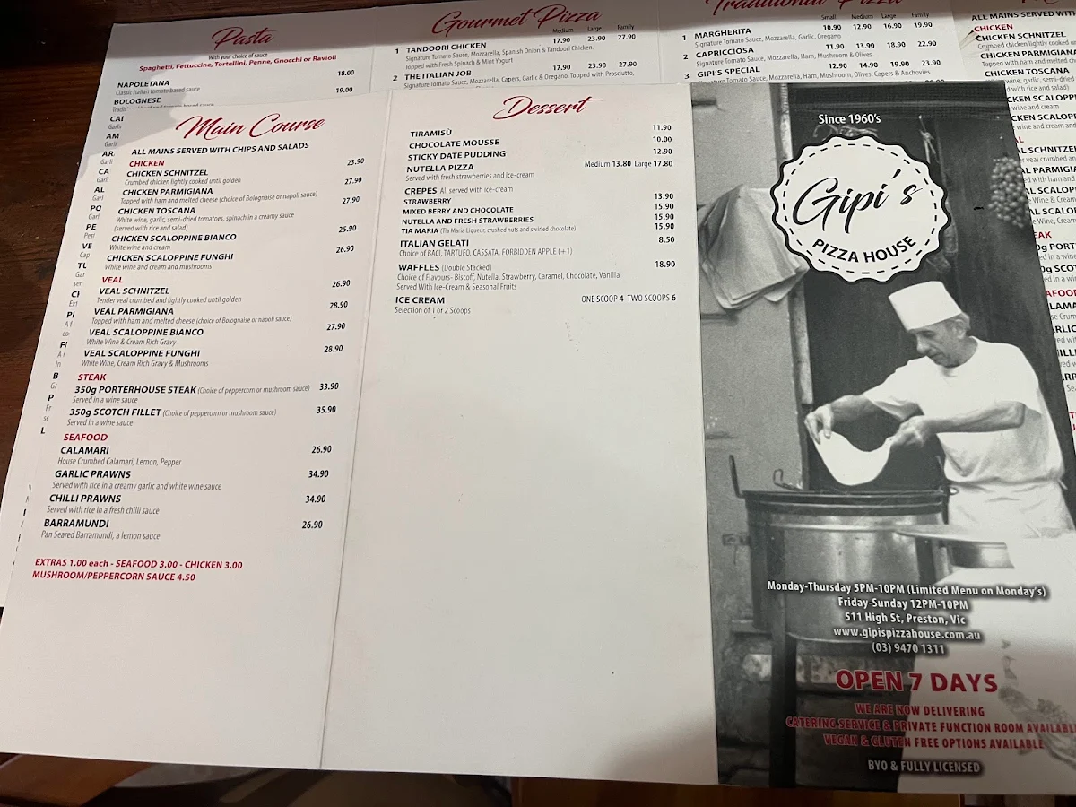 Menu, Gipi's Pizza House Preston