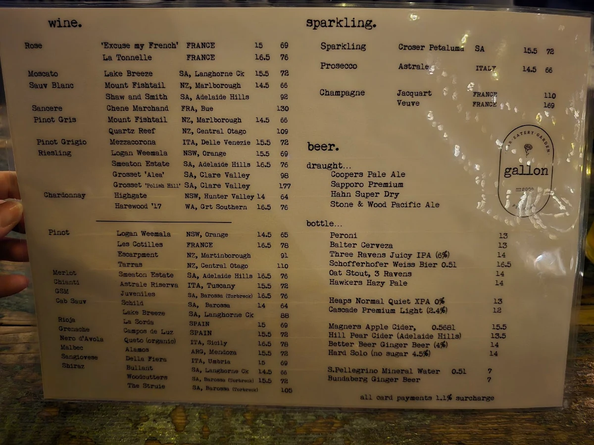 Menu, Gallon
