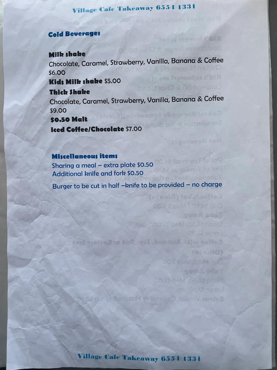 Menu, Nabiac Village Cafe & Takeaway