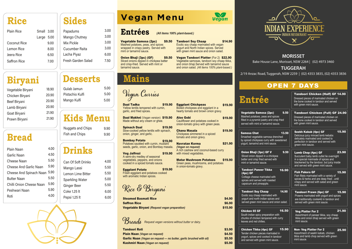Menu, Indian Experience Bar and Restaurant