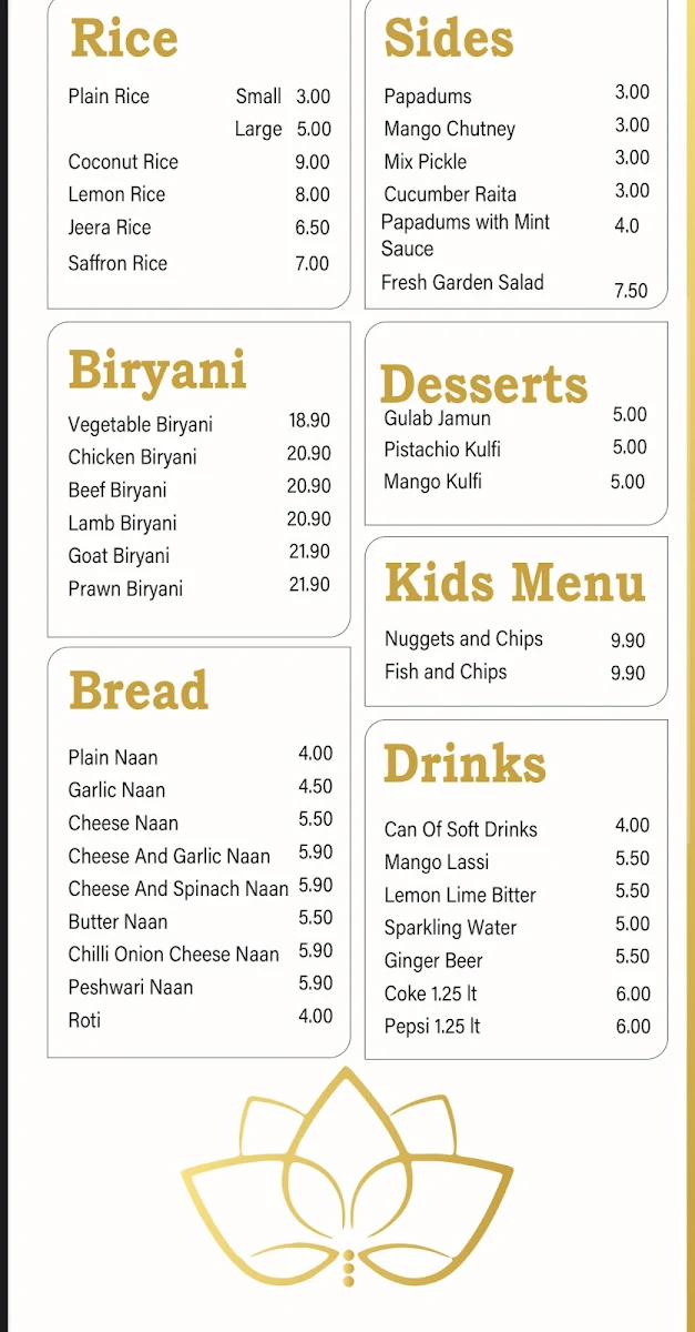 Menu, Indian Experience Bar and Restaurant