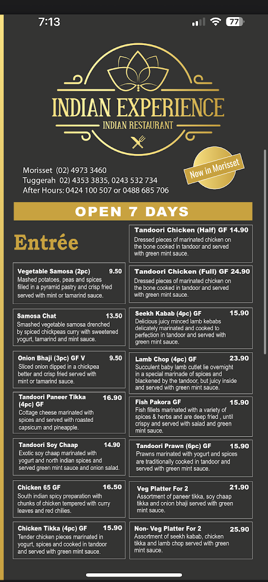 Menu, Indian Experience Bar and Restaurant