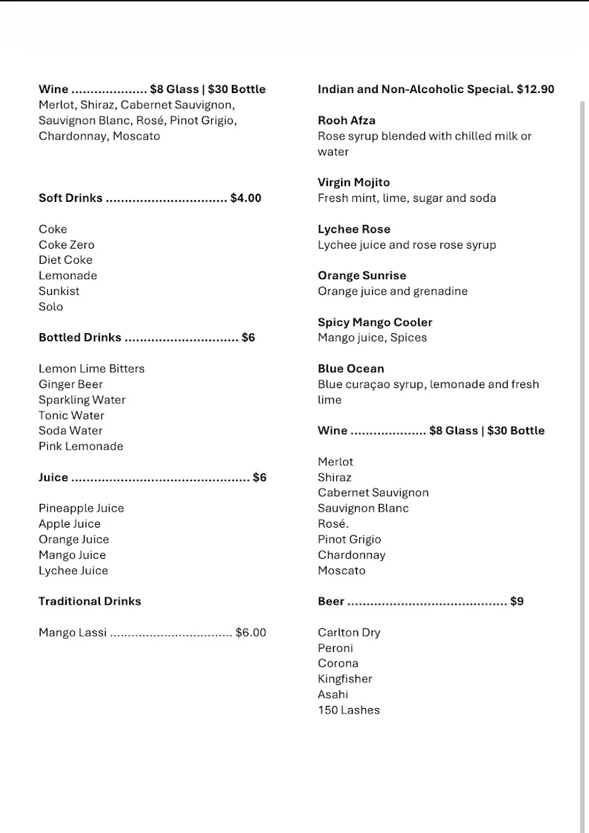 Menu, Indian Experience Bar and Restaurant