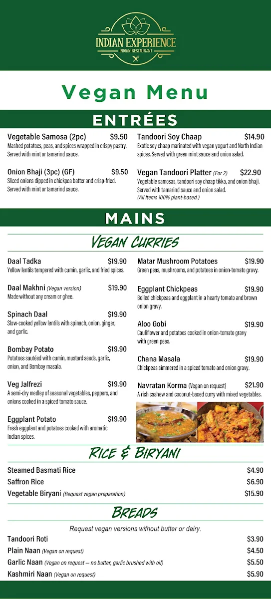 Menu, Indian Experience Bar and Restaurant