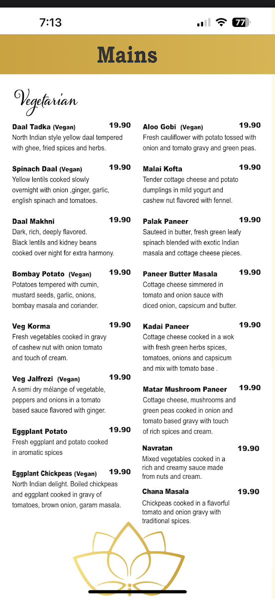 Menu, Indian Experience Bar and Restaurant