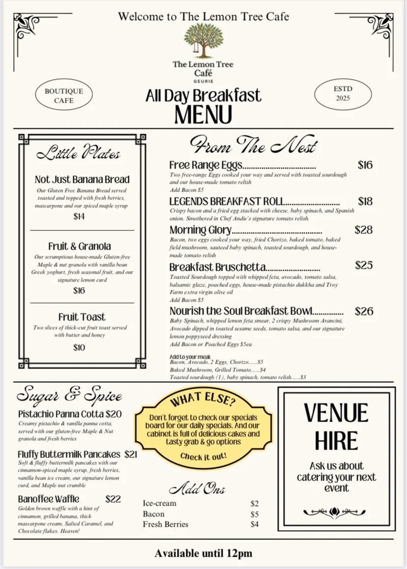 Menu, The Lemon Tree Cafe Geurie