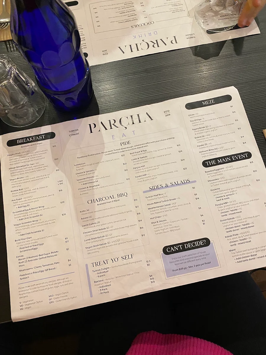 Menu, Parcha Restaurant