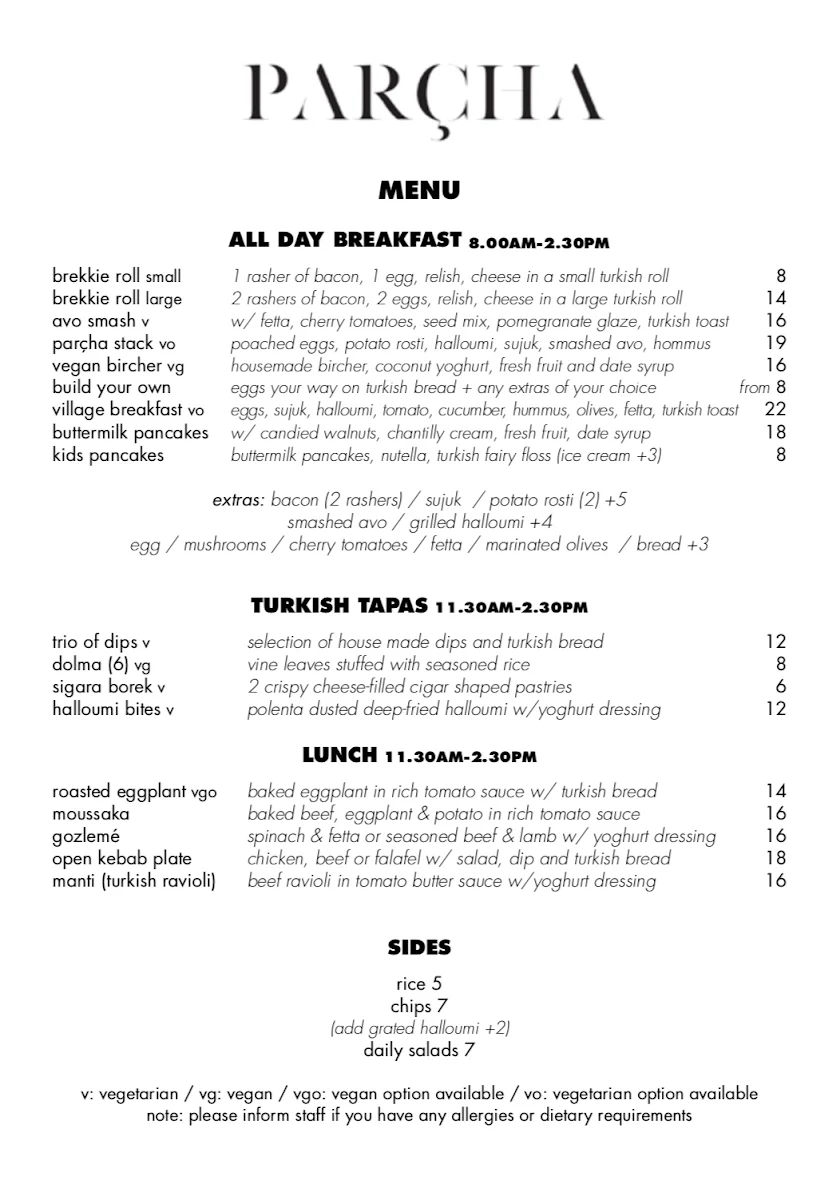 Menu, Parcha Restaurant