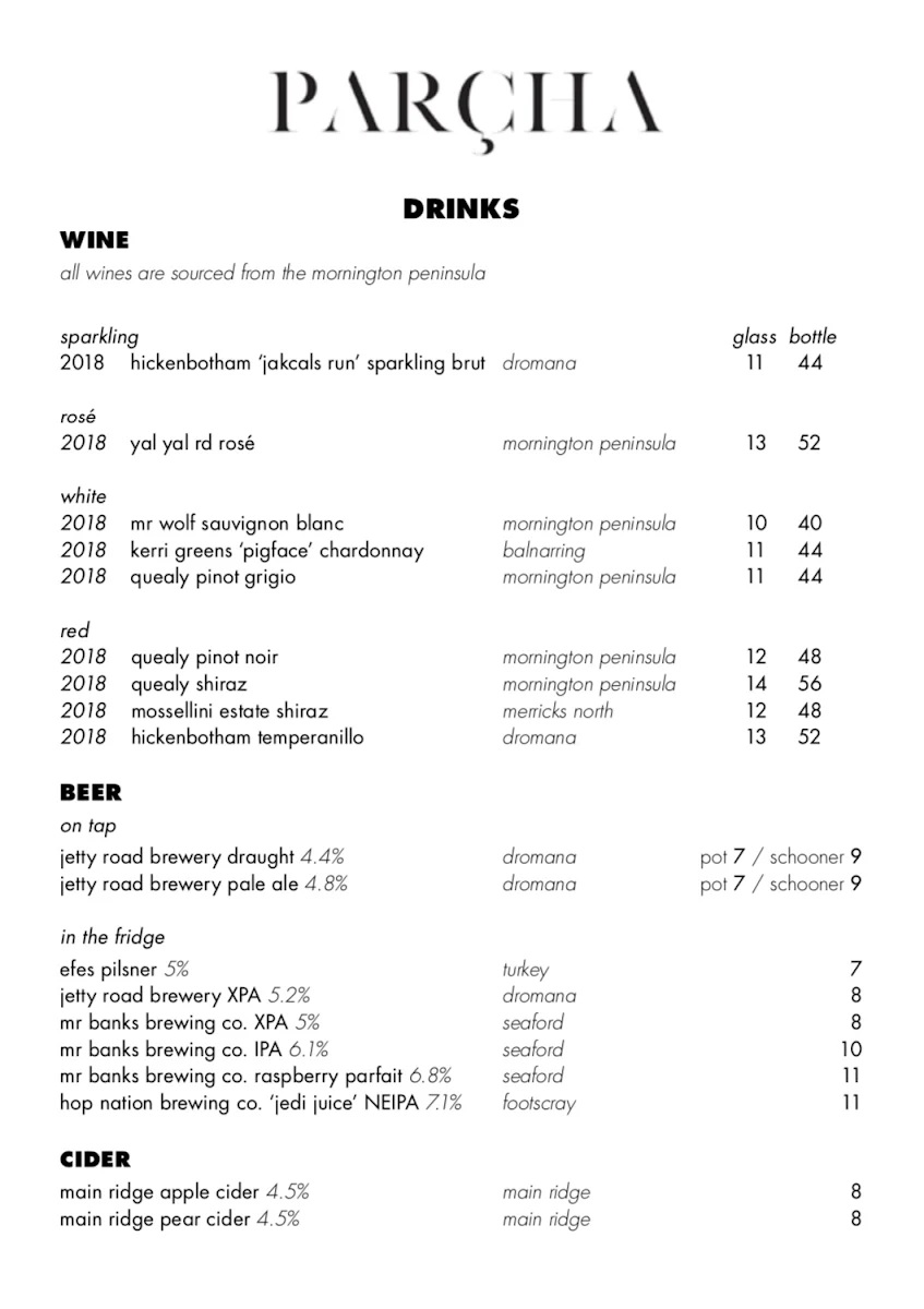 Menu, Parcha Restaurant