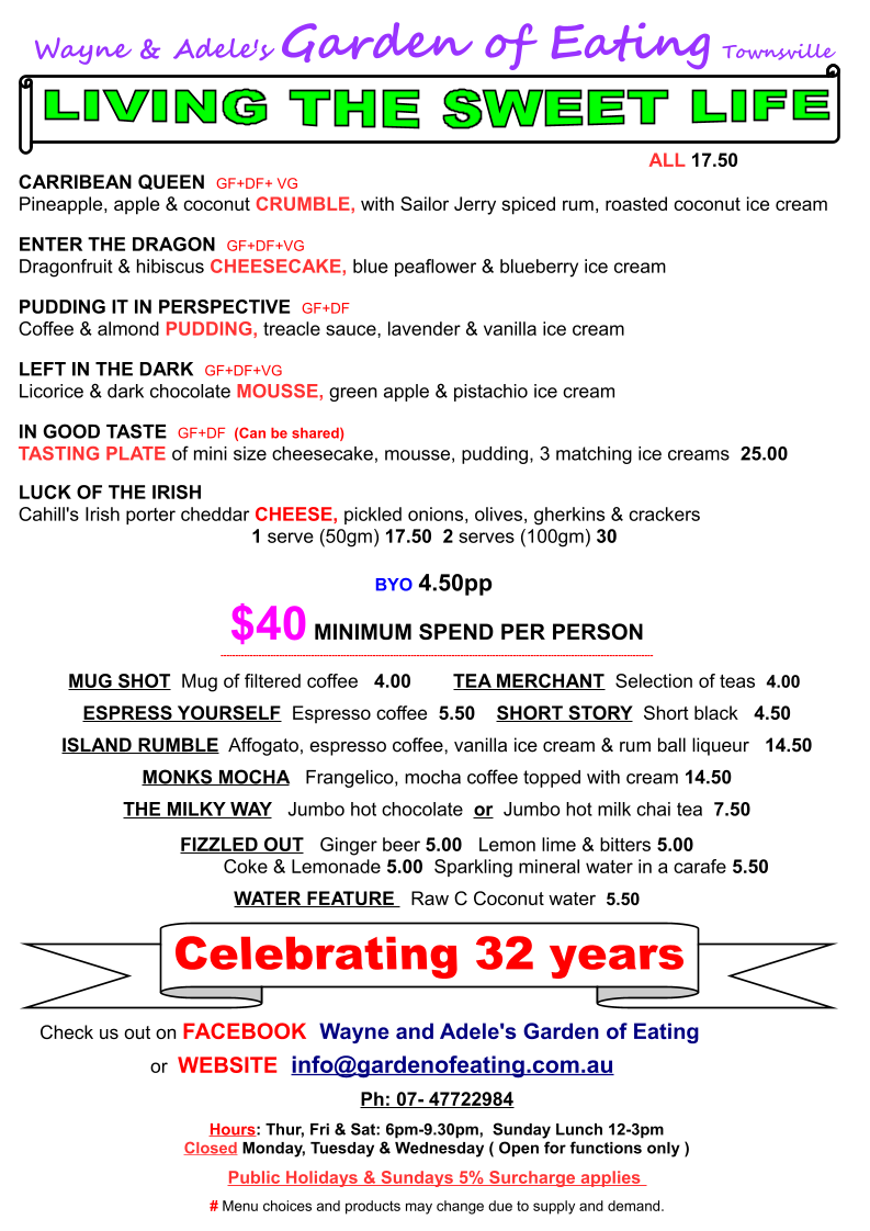 Menu, Garden of Eating BYO Restaurant