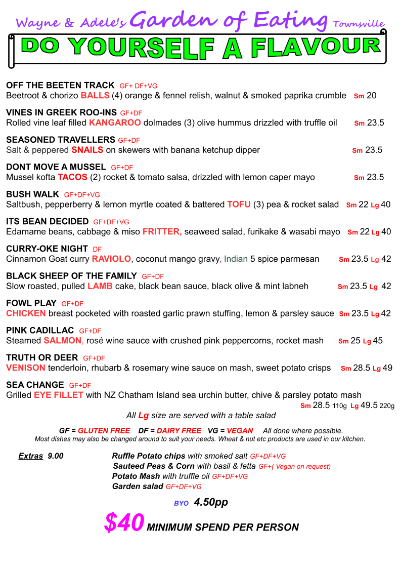 Menu, Garden of Eating BYO Restaurant