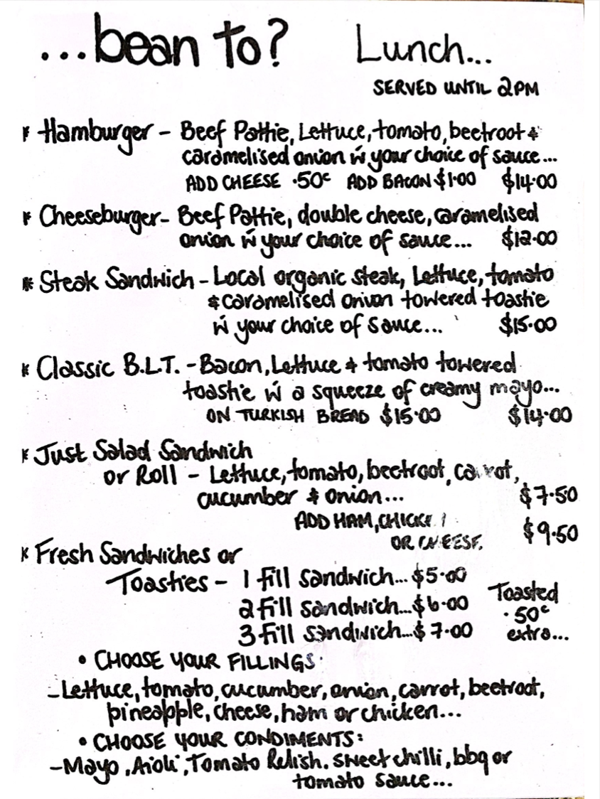 Menu, Bean to