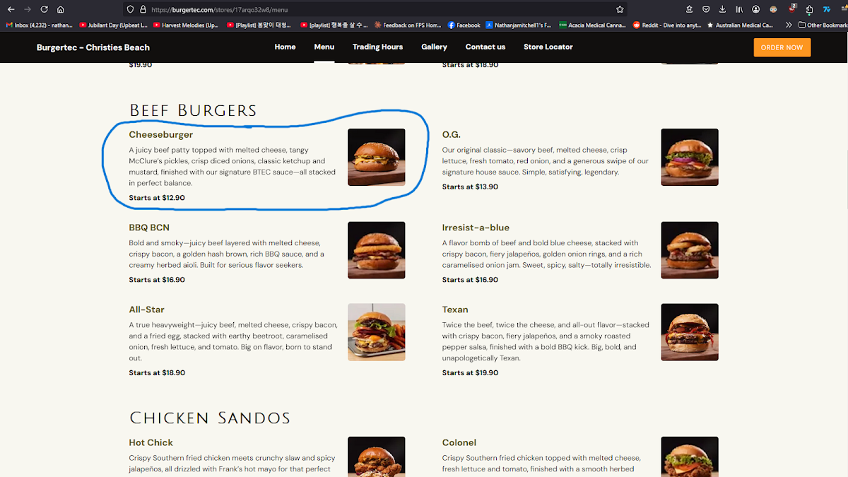 Menu, Burgertec Christie's Beach