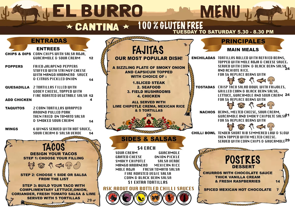 Menu, El Burro Cantina