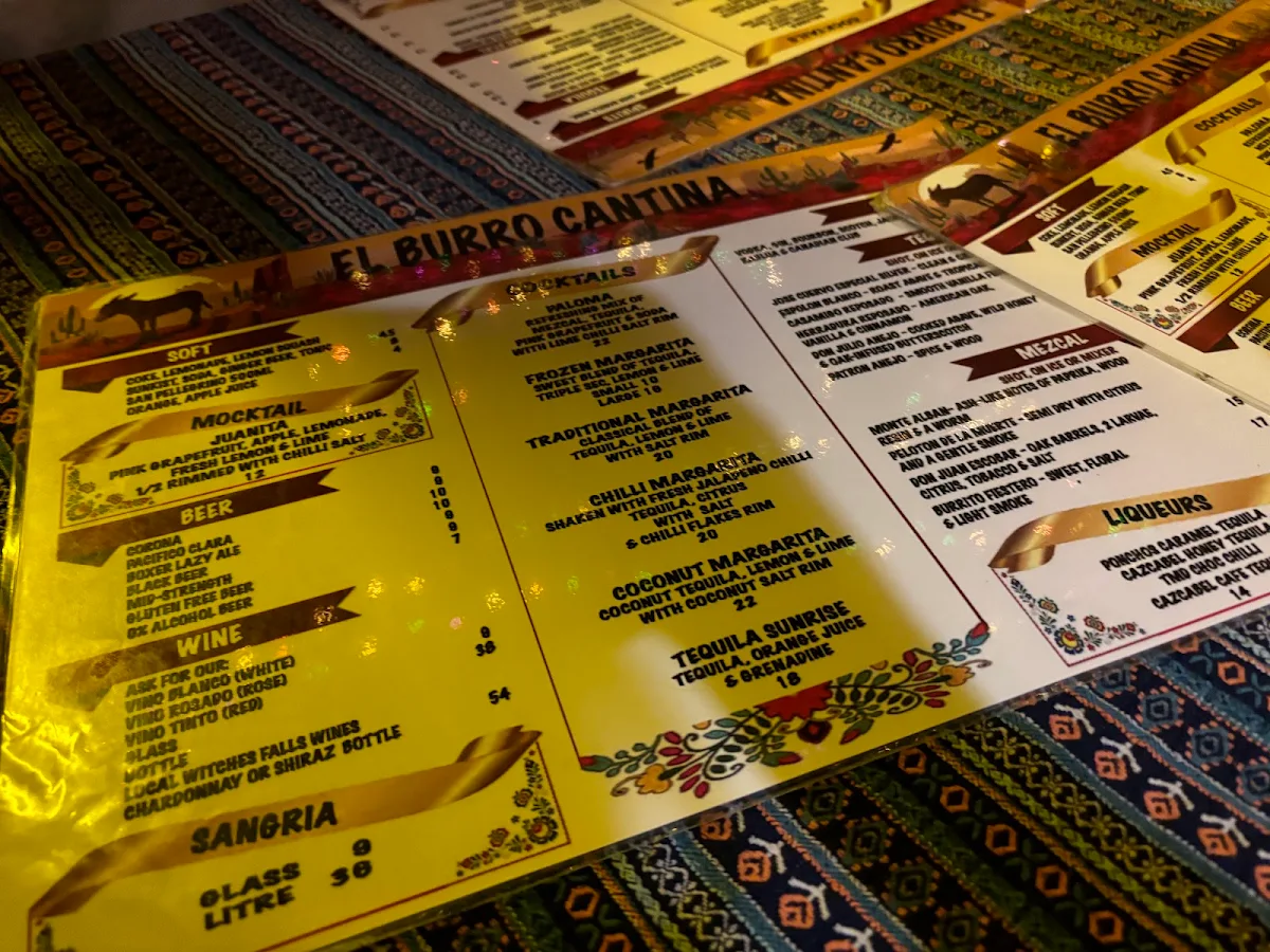 Menu, El Burro Cantina