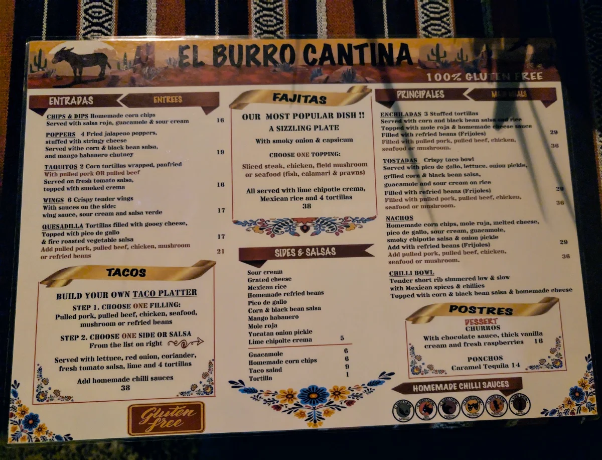 Menu, El Burro Cantina