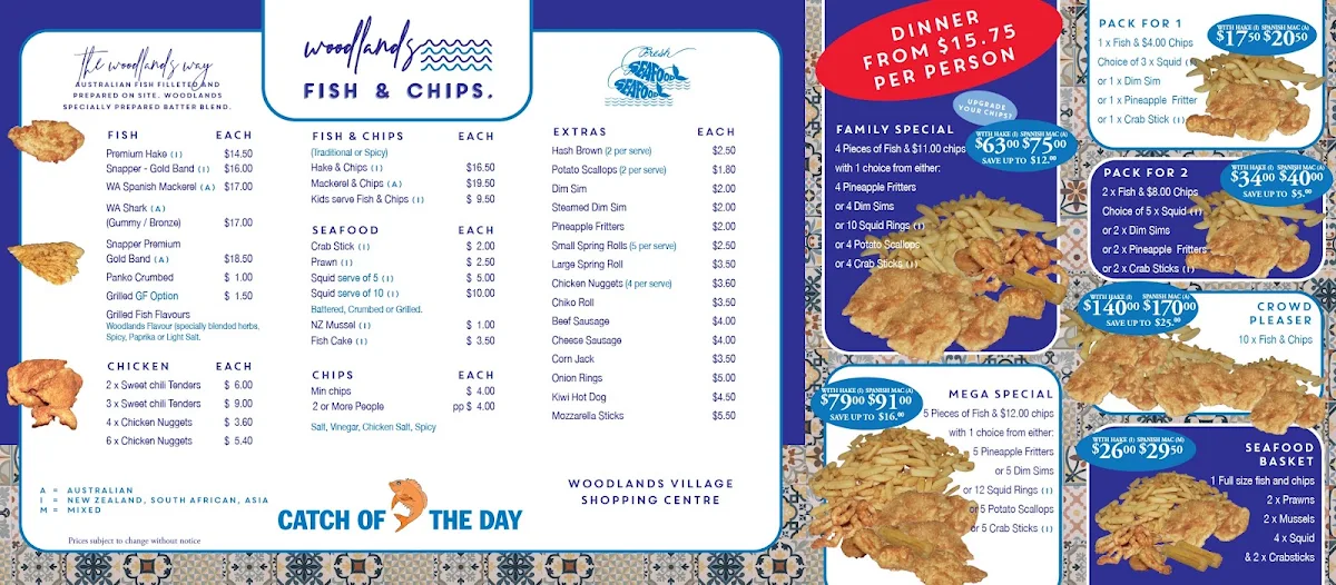 Menu, Woodlands Fish and Chips