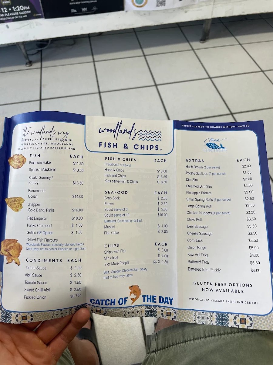 Menu, Woodlands Fish and Chips