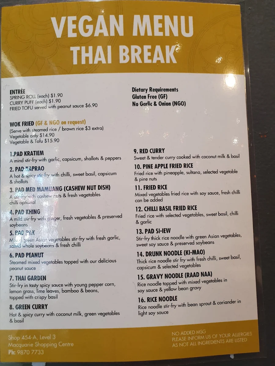 Menu, Thai Break