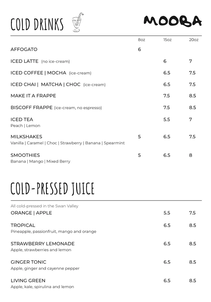 Menu, Mooba Calleya