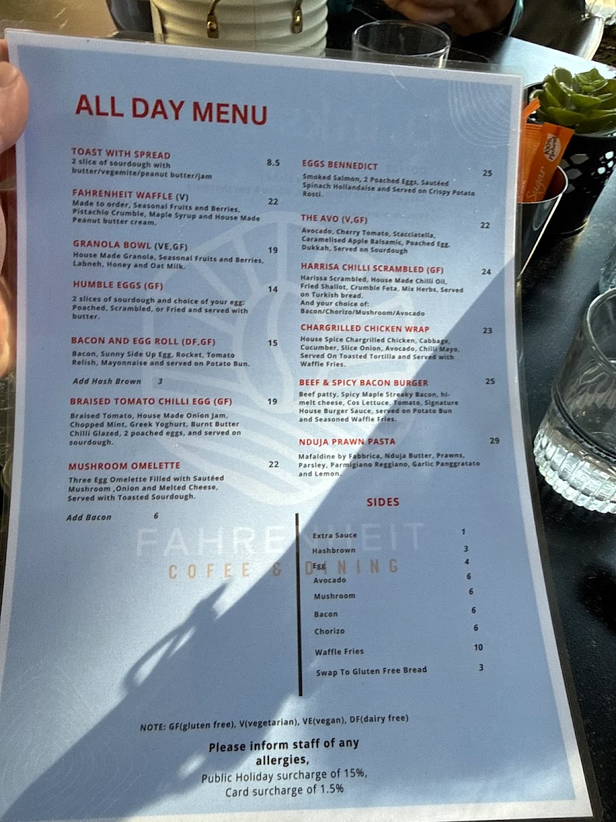 Menu, Fahrenheit Coffee & Dining