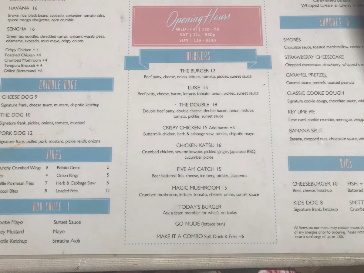 Menu, SUNSET DINER