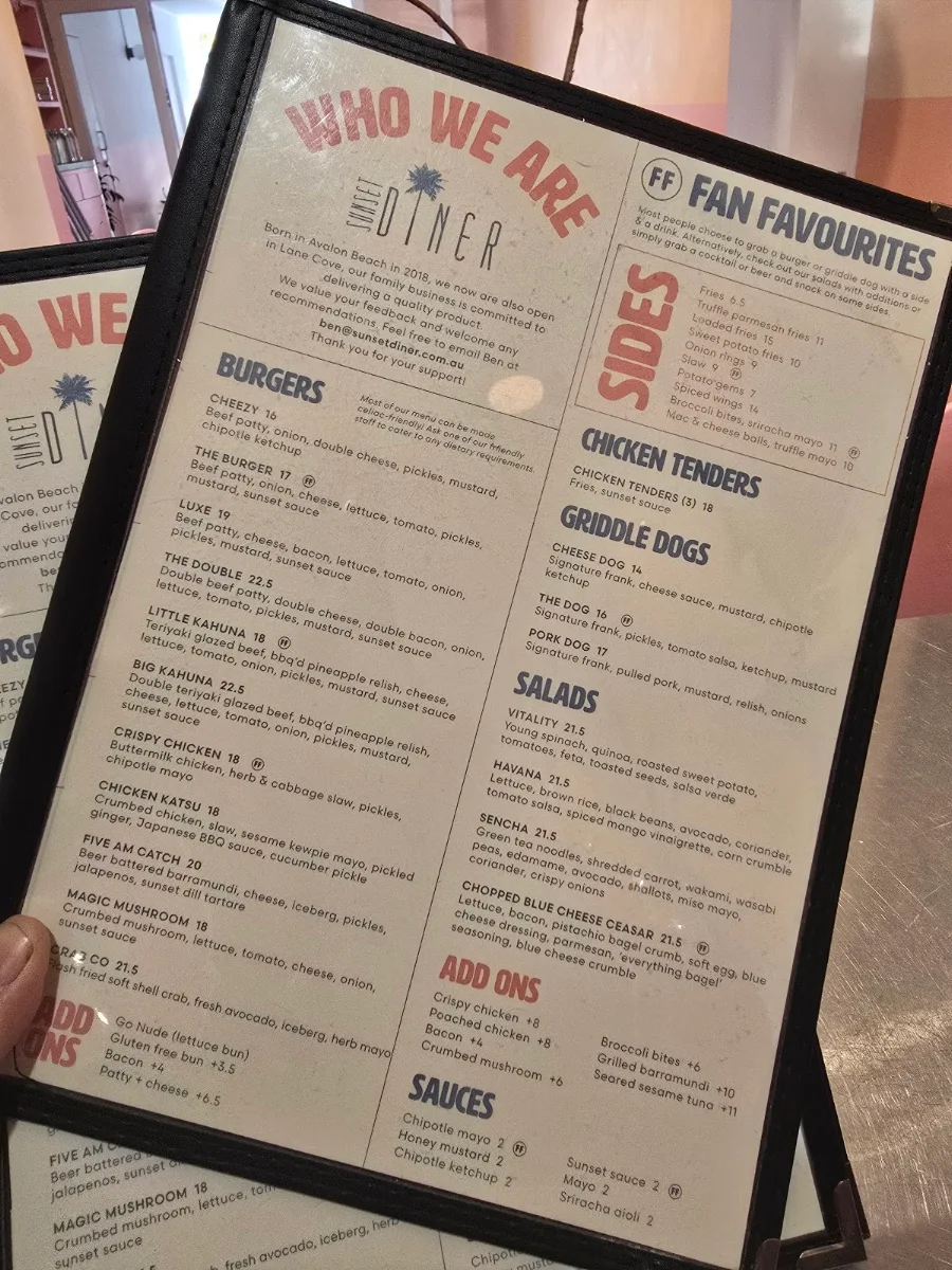 Menu, SUNSET DINER
