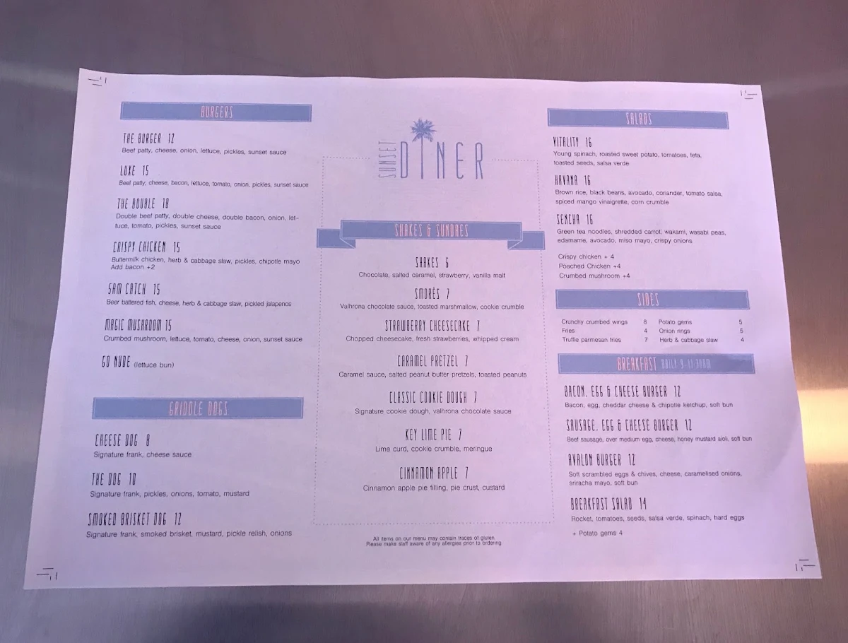 Menu, SUNSET DINER