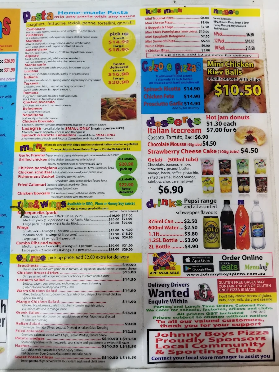 Menu, Johnny Boys Pizza - Endeavour Hills