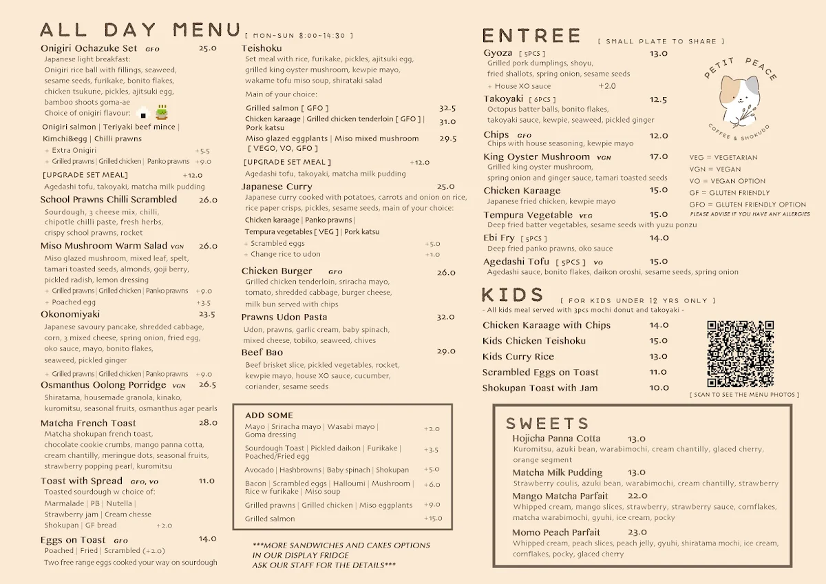 Menu, Petit Peace Coffee Shokudo