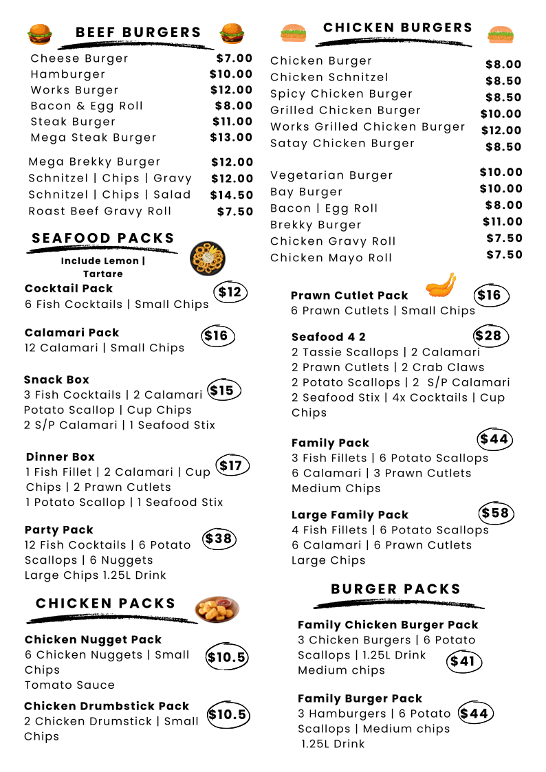 Menu, Bondies at The Bay