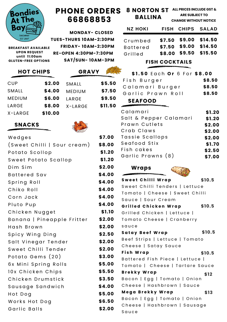 Menu, Bondies at The Bay