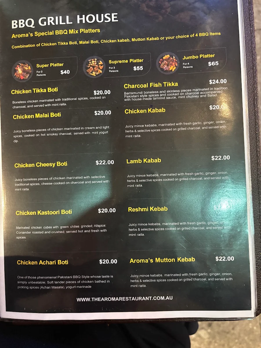 Menu, Aroma Restaurant - The Premium Pakistani Cuisine
