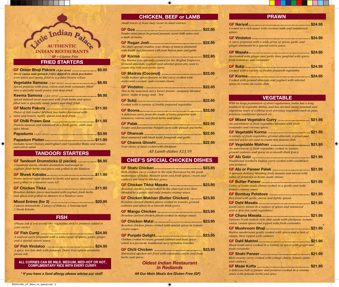 Menu, Little Indian Palace Restaurant