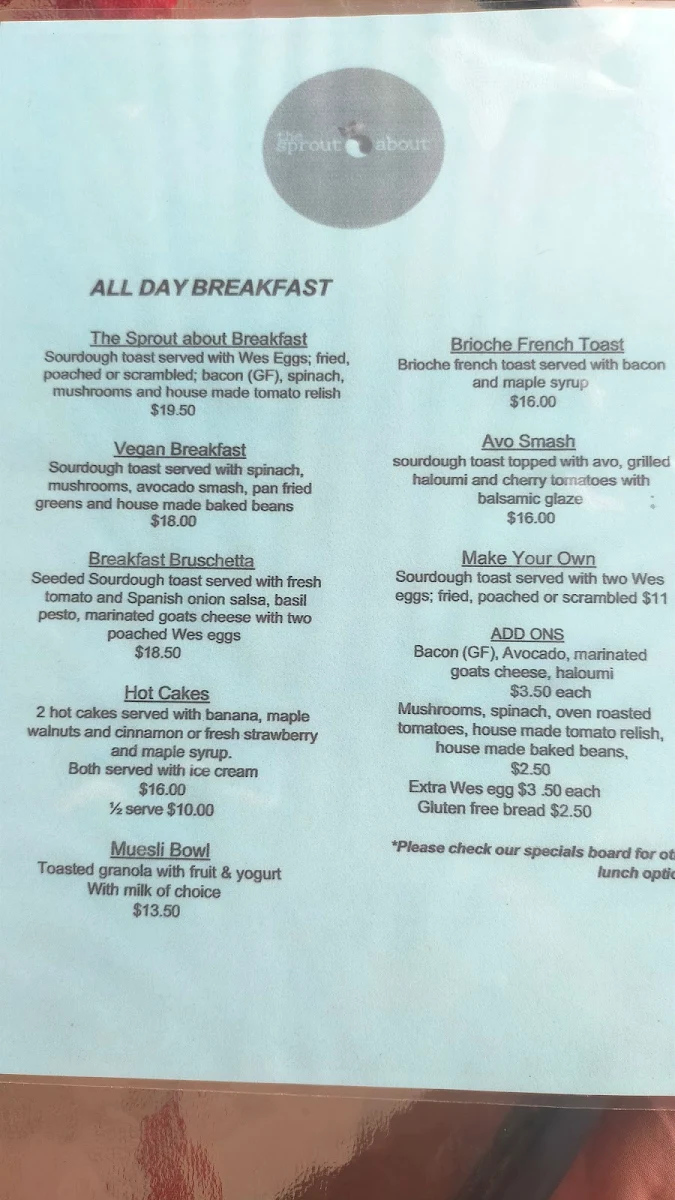 Menu, The Sprout About