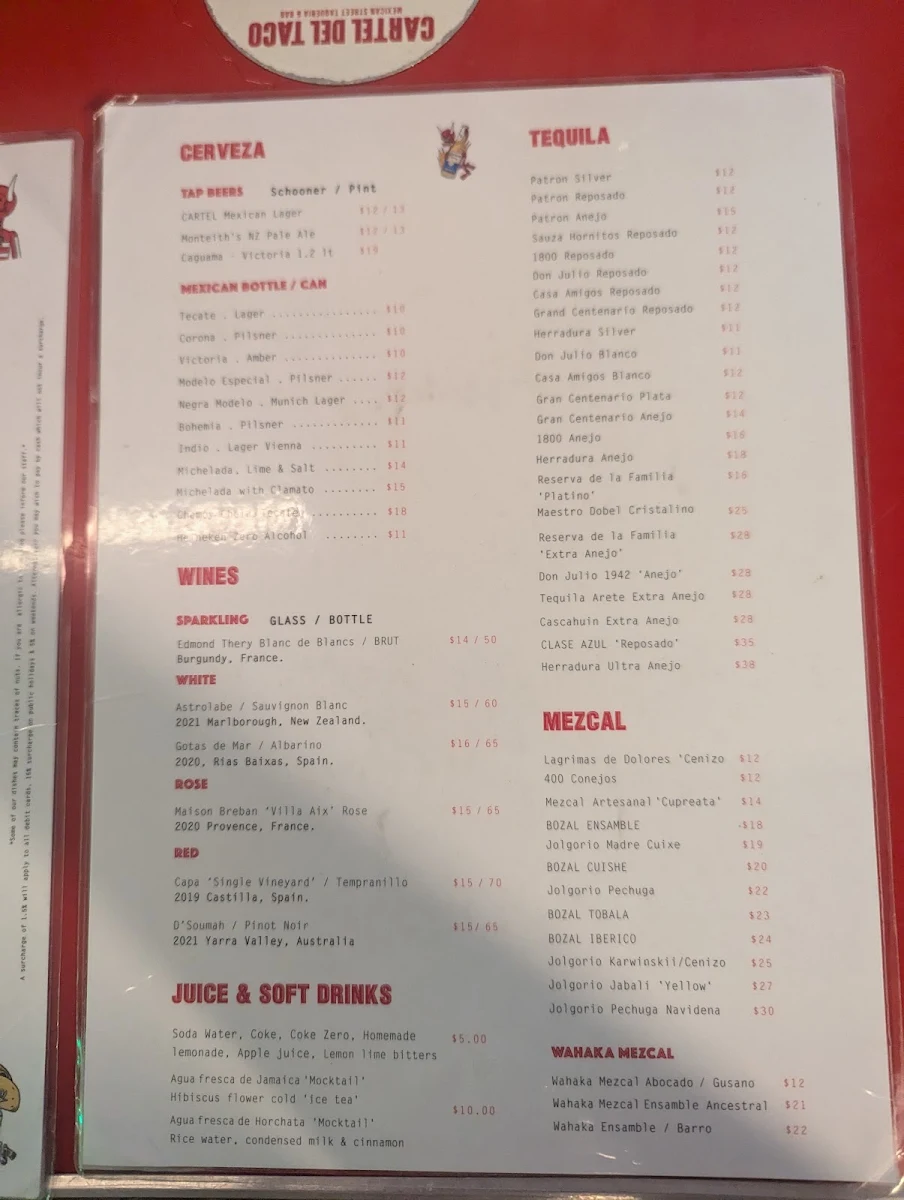 Menu, Cartel del Taco - Hawthorne