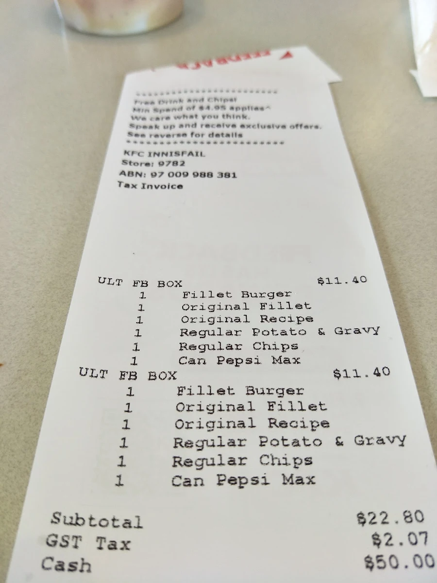 Menu, KFC Innisfail