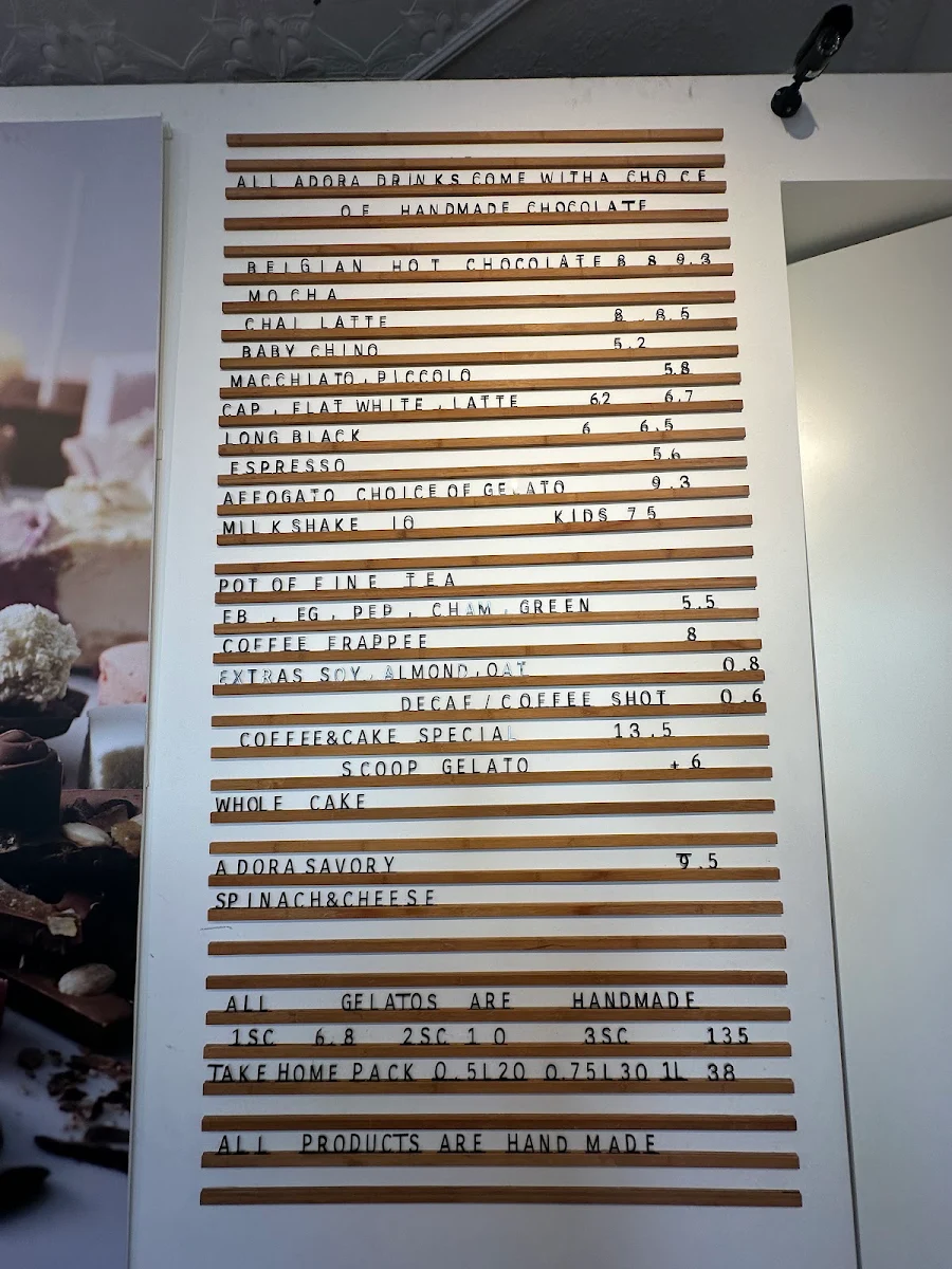 Menu, Adora Handmade Chocolates Croydon