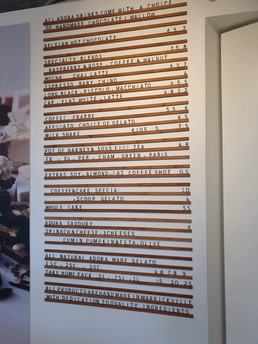 Menu, Adora Handmade Chocolates Croydon