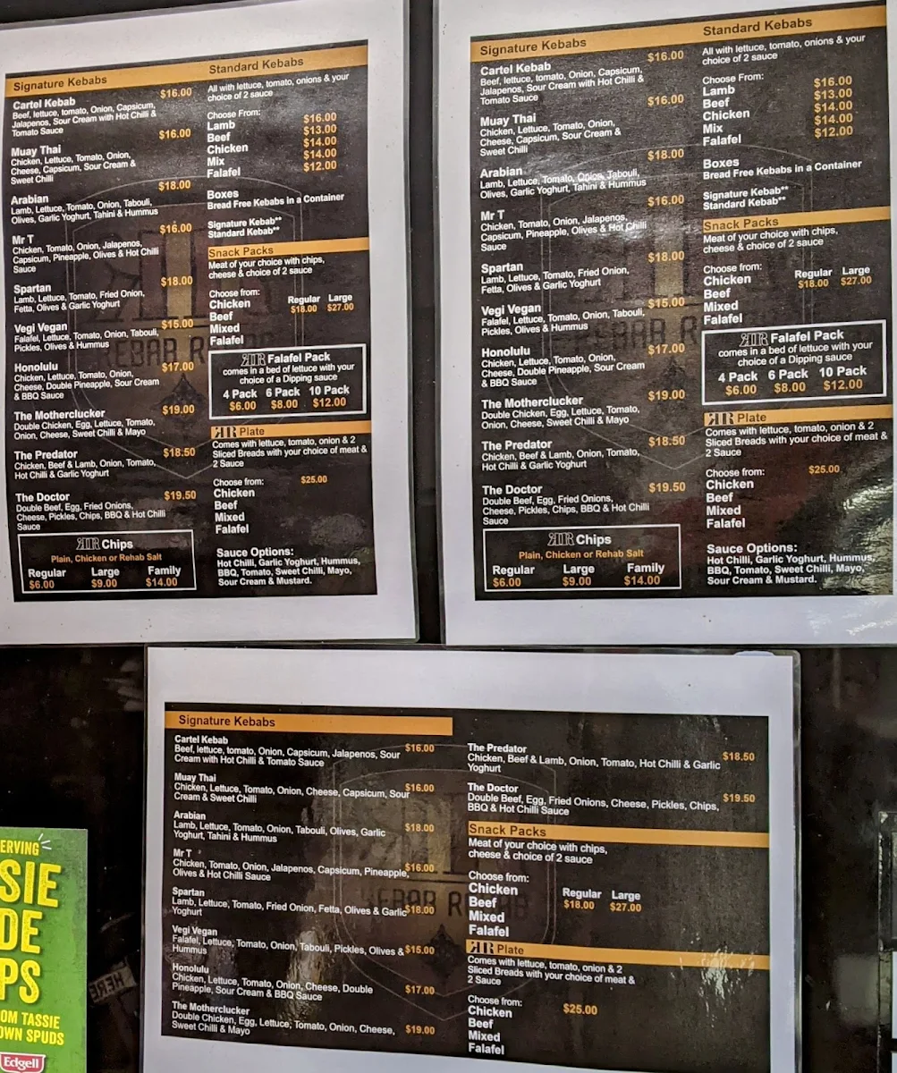 Menu, Kebab Rehab