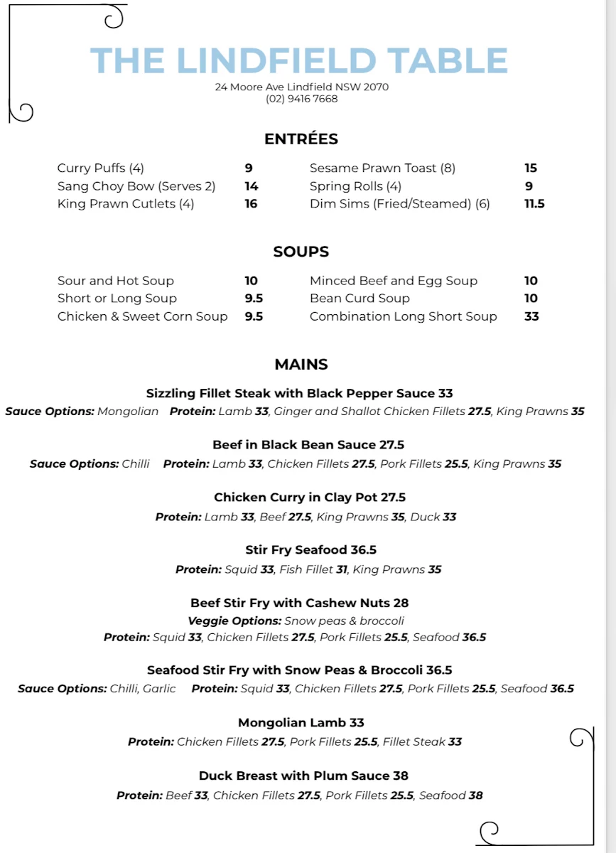 Menu, West Lindfield Chinese Restaurant