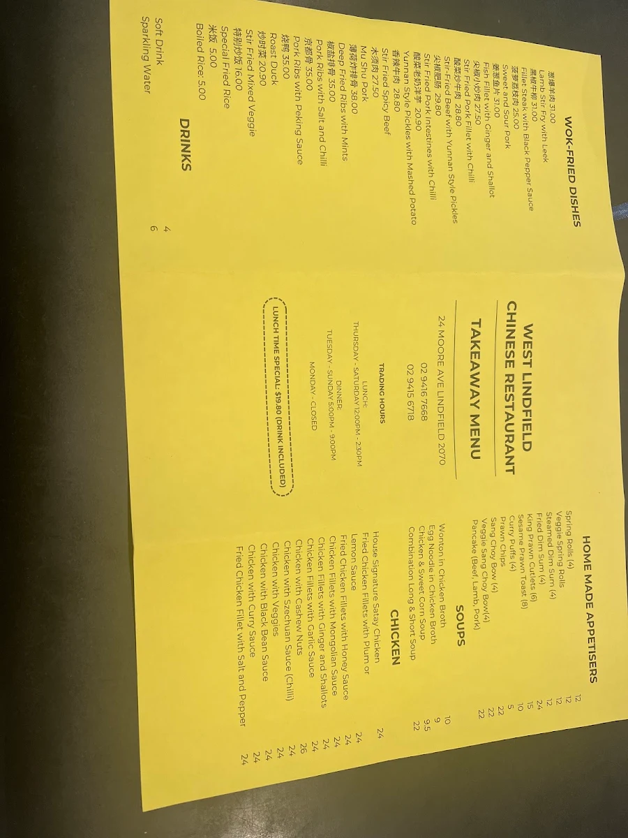 Menu, West Lindfield Chinese Restaurant