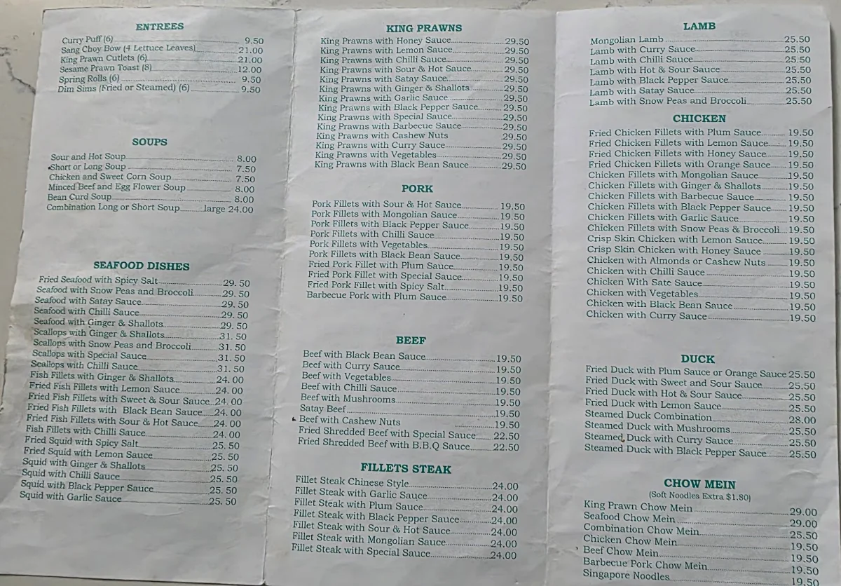 Menu, West Lindfield Chinese Restaurant