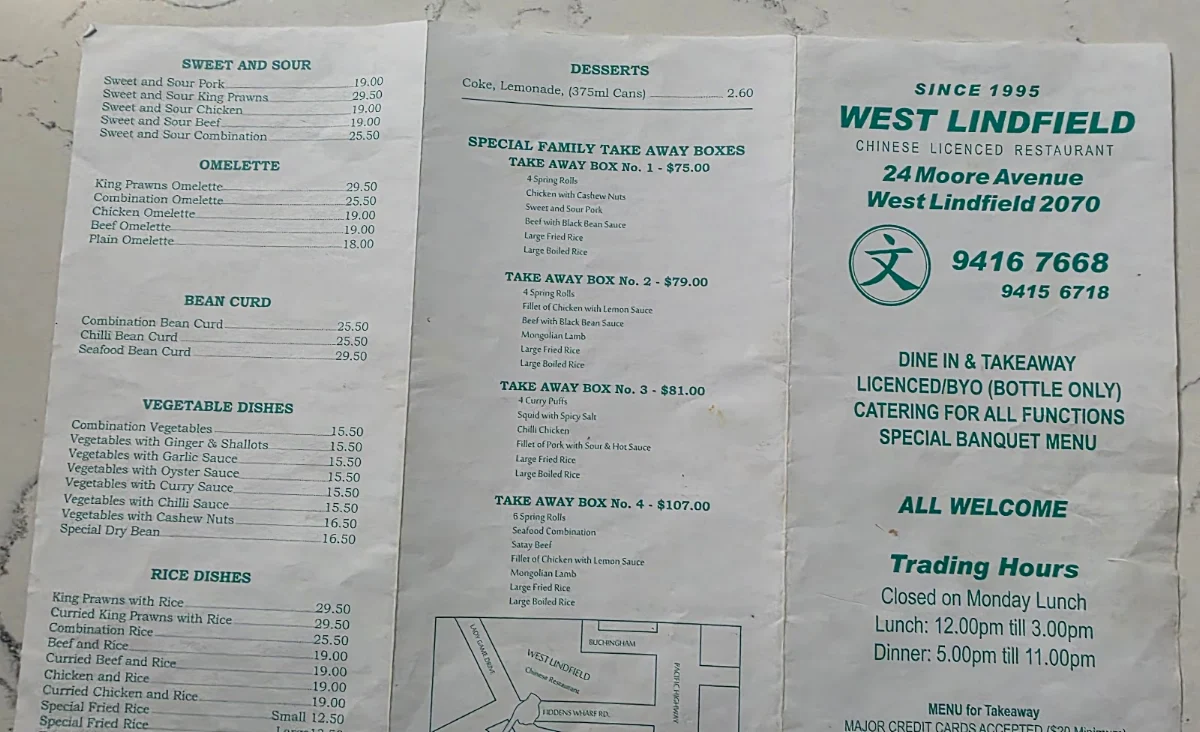 Menu, West Lindfield Chinese Restaurant