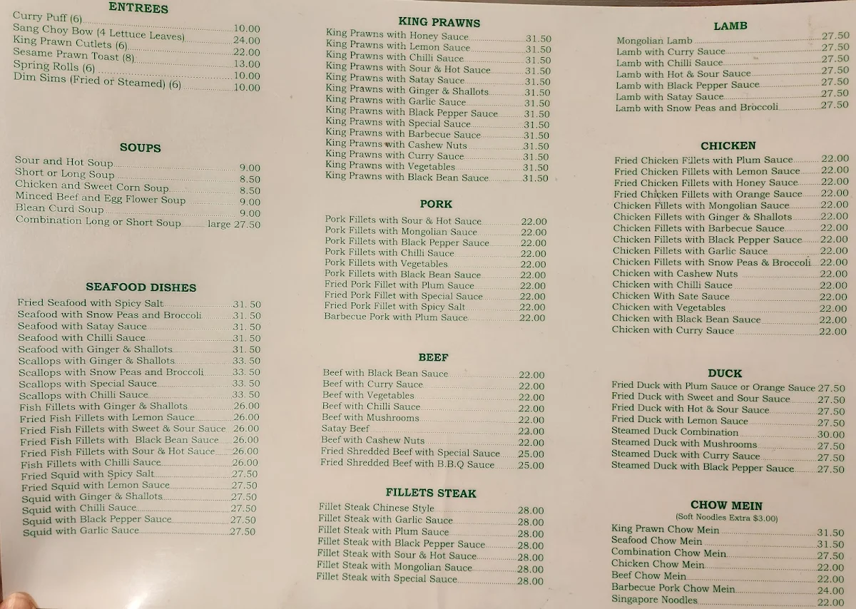 Menu, West Lindfield Chinese Restaurant