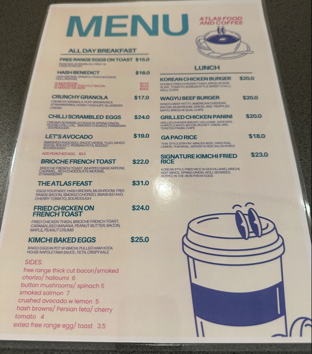 Menu, Atlas West Perth